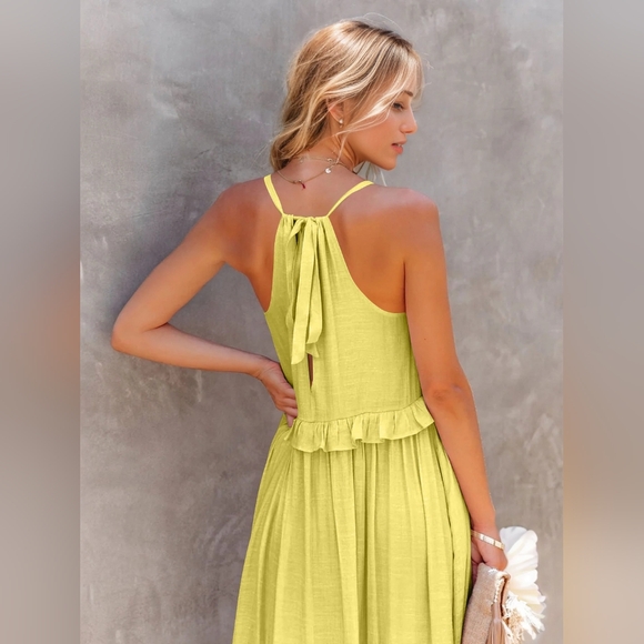 Ruffle Sleeveless Tie Back Tiered Summer Pocket Oversized High-Low Maxi Dress - Picture 7 of 13